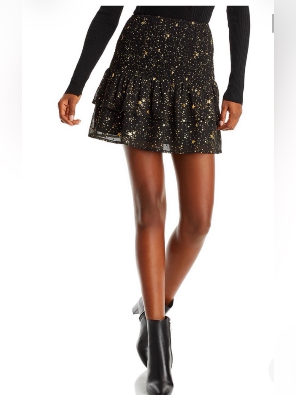 NWT AQUA Bloomingdale’s Black Gold Star Smocked Mini Skirt XL